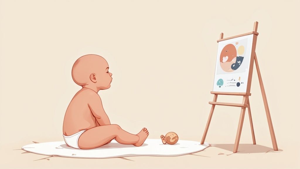 A Muslim mother and her toddler sit on a rug, smiling as they watch something on a tablet together.