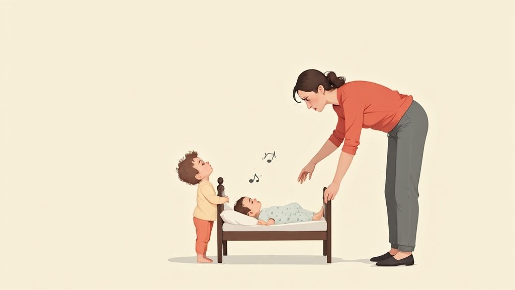 A Muslim father gently holding his toddler's hands in a dua position.