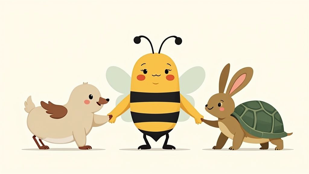A cheerful animated bee, Zaky, stands with his diverse group of animal friends, all smiling.
