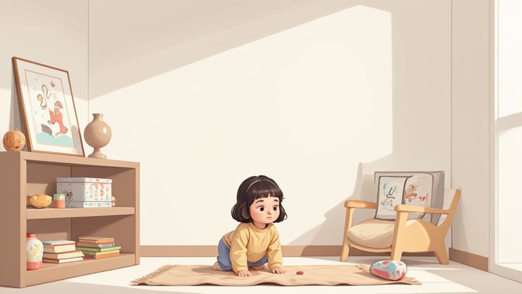 A cozy, child-friendly room with Islamic art on the wall and a basket of diverse, inclusive toys.