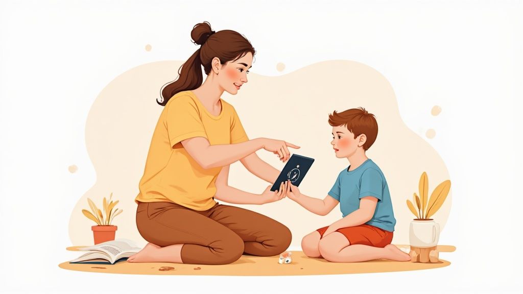 Mother showing Islamic educational app on tablet to young child sitting together indoors