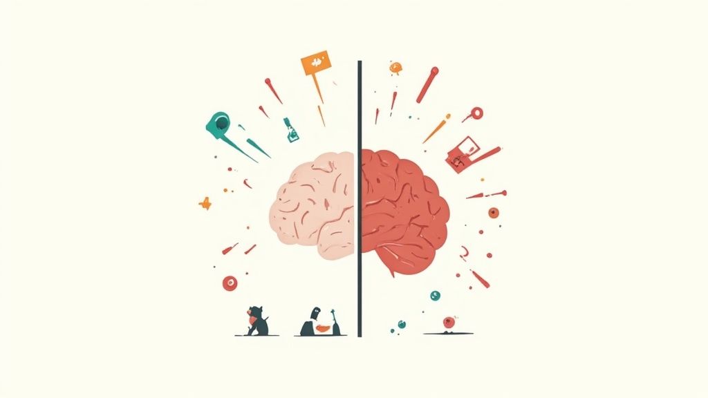 Split brain illustration showing left and right hemispheres with creative tools and activity symbols radiating outward