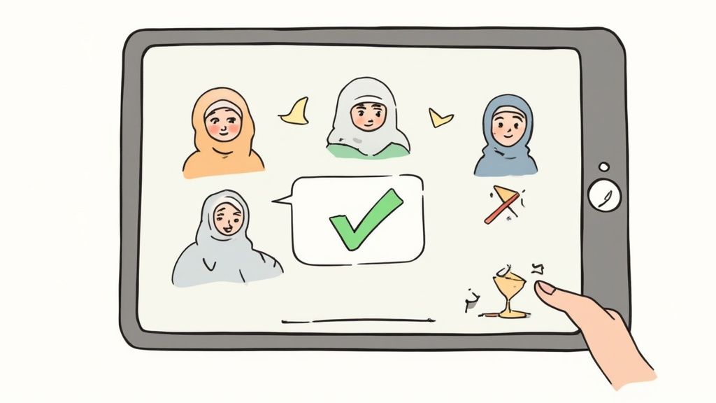 Hand interacting with tablet showing children in hijabs during video call with checkmark symbol