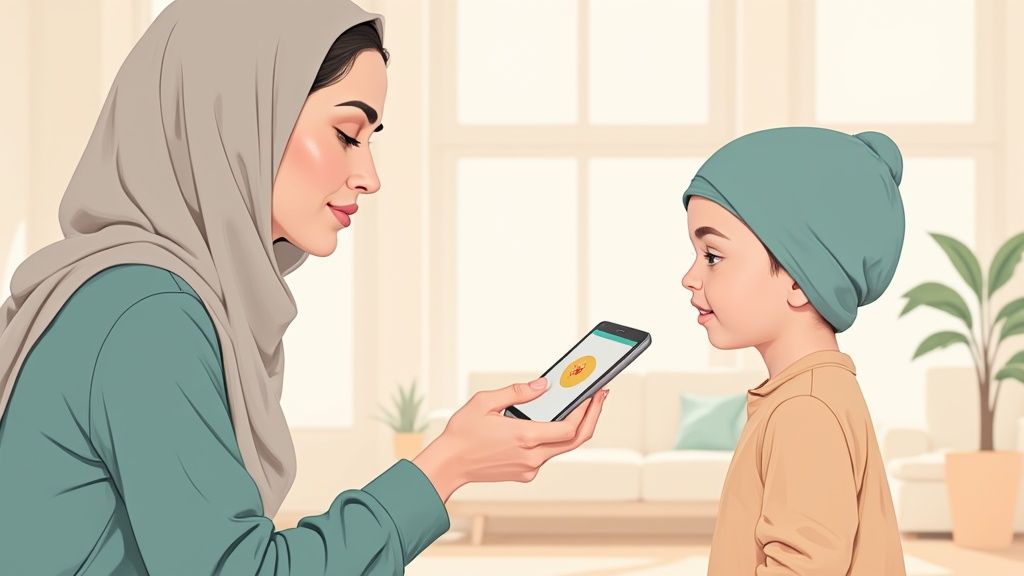 Mother showing Islamic educational app on smartphone to young child wearing hijab