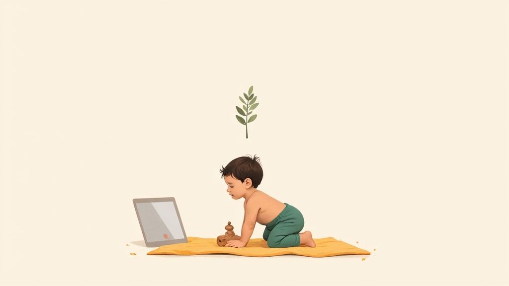 Young child kneeling on yellow mat looking at tablet screen with plant decoration above