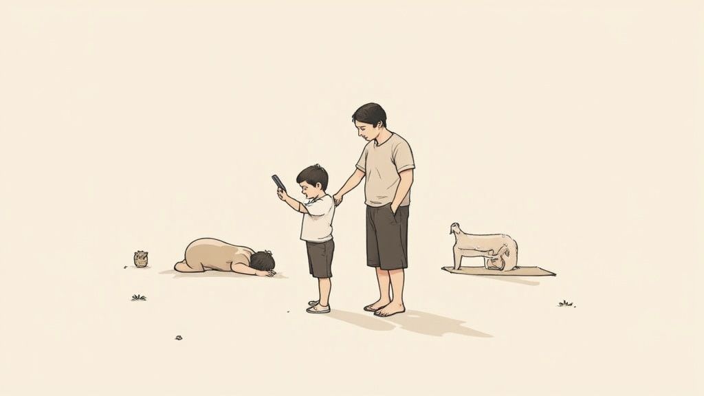 Father and child holding phone while others lay prostrate in prayer illustrating screen time distraction