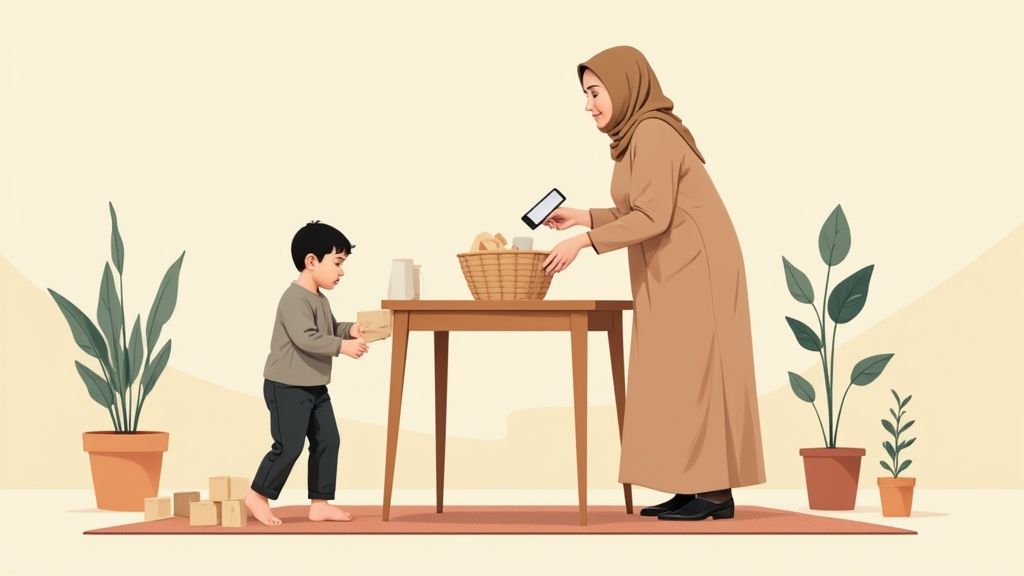 A Muslim mother looks at her phone while her child plays with blocks on a rug.
