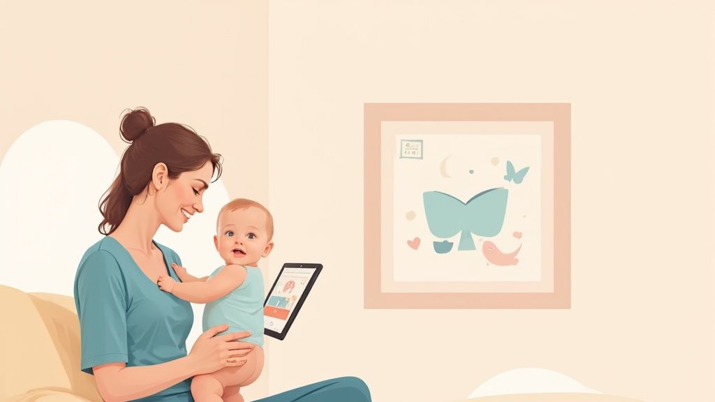 A smiling mother holds her happy baby, both looking at a tablet with a framed picture in the background.