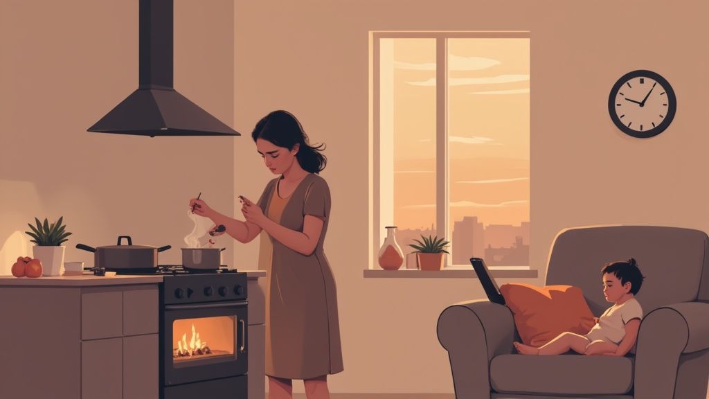 A mother cooks and checks her phone while a baby watches a laptop in a cozy home.