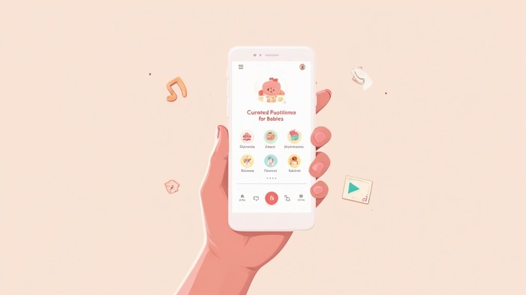 A hand holds a white smartphone displaying a baby app with curated items and categories.