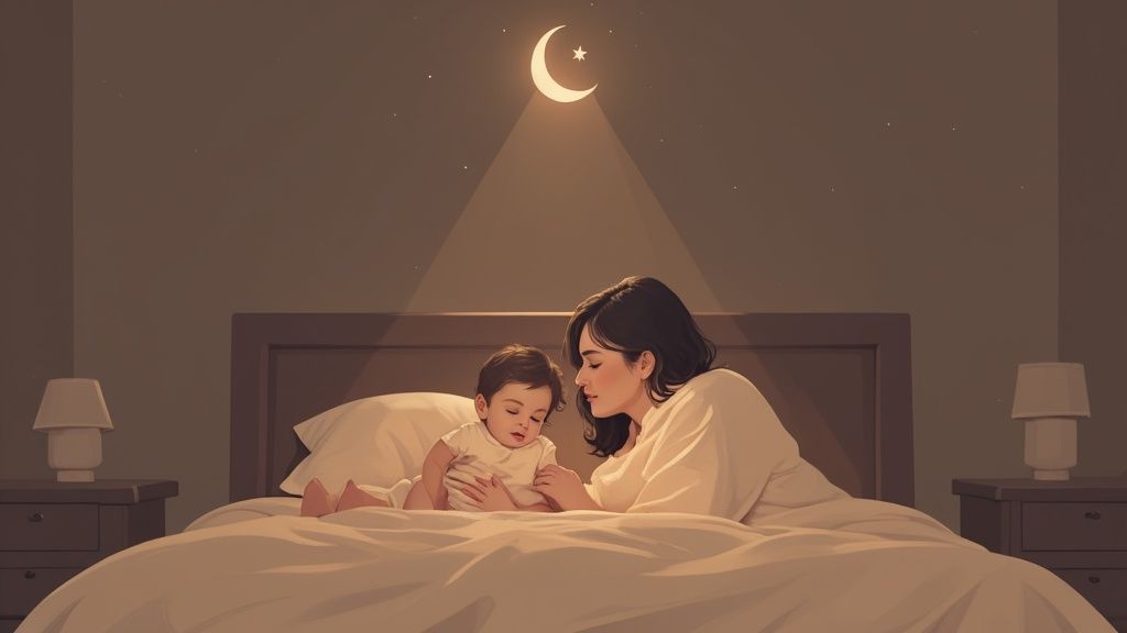 A mother and baby lie on a bed, bathed in soft light from a crescent moon and star.