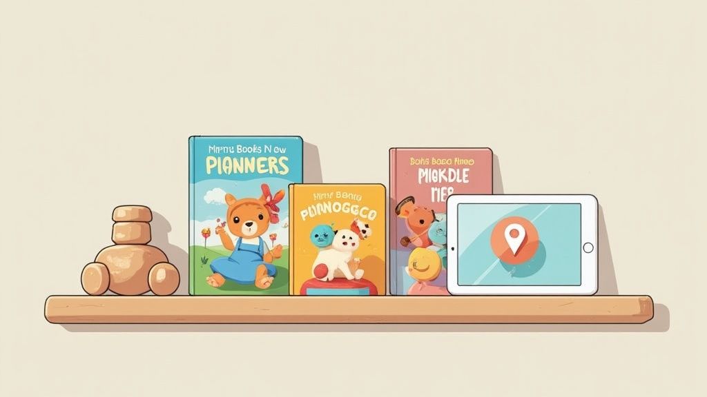 Colorful children's books, a wooden car toy, and a tablet on a wooden shelf.