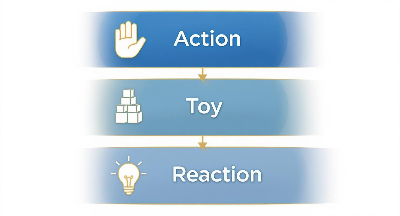 A flowchart showing Action (hand icon), Toy (blocks icon), and Reaction (lightbulb icon) with connecting arrows.