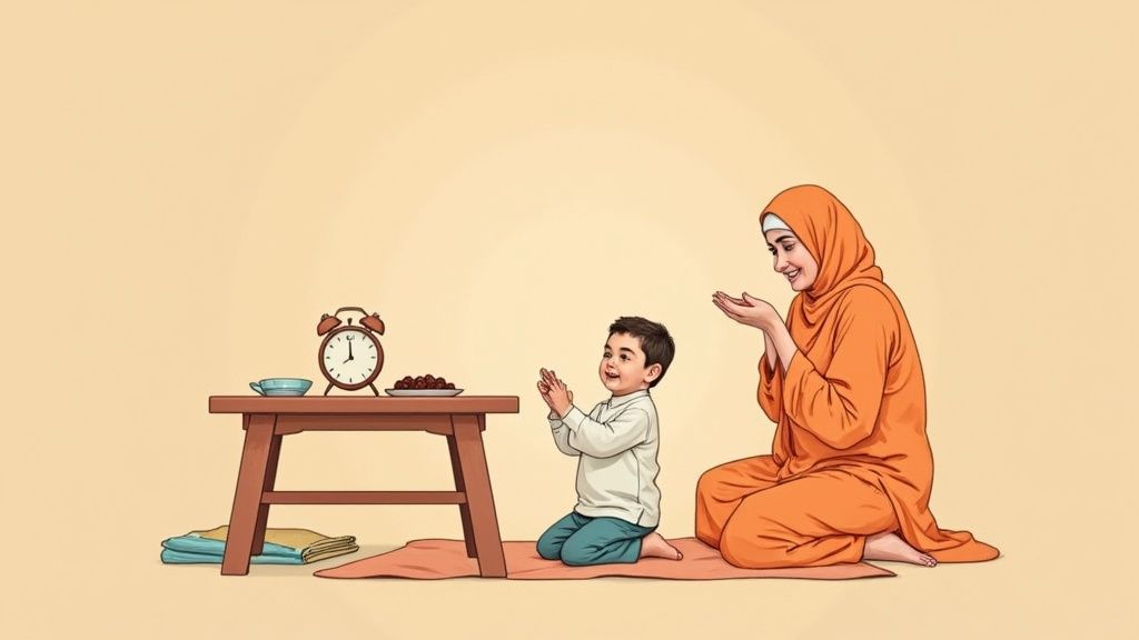 A Muslim mother and child kneeling, making dua before breaking their fast with dates and a clock.