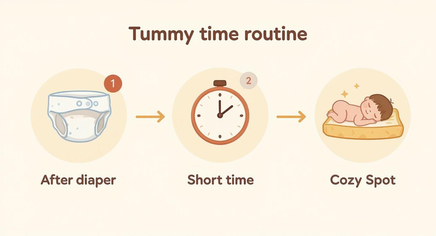 An infographic illustrating a baby's tummy time routine: after diaper, for a short time, in a cozy spot.