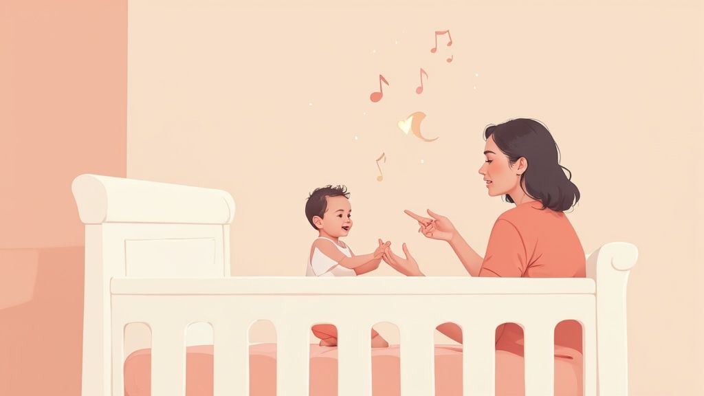 A mother gently interacts with her happy baby in a crib, surrounded by floating musical notes.
