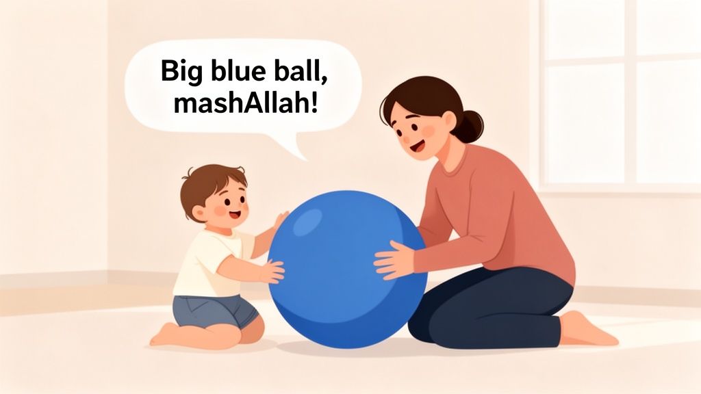 A happy mother and child playing with a big blue ball, with the child saying 'Big blue ball, mashAllah!'.