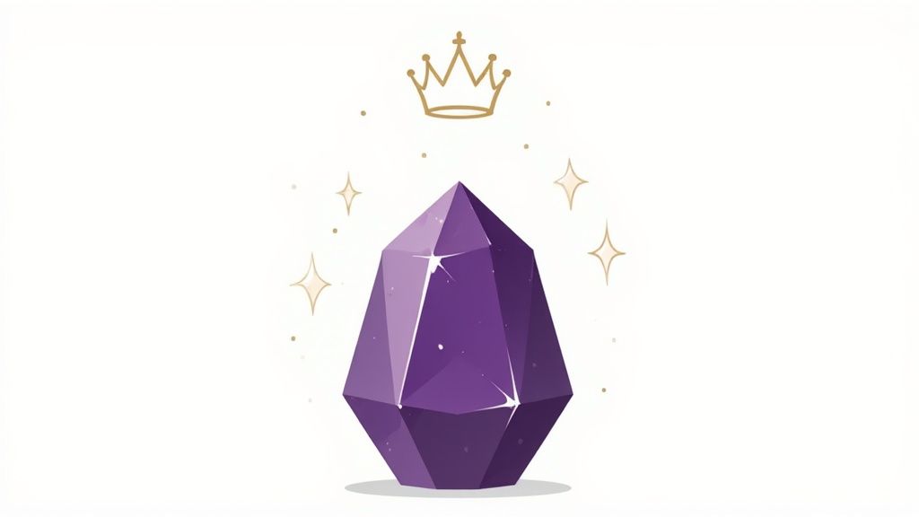 A majestic purple crystal stands under a golden crown, surrounded by shimmering sparkles on a white background.