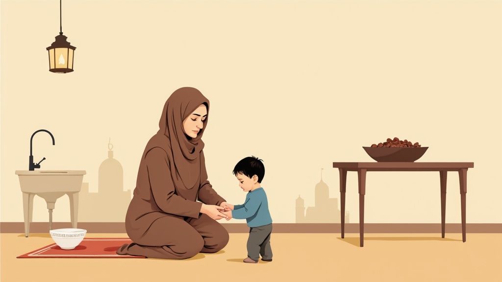 A Muslim mother in a hijab kneels on a prayer mat, holding hands with a toddler.