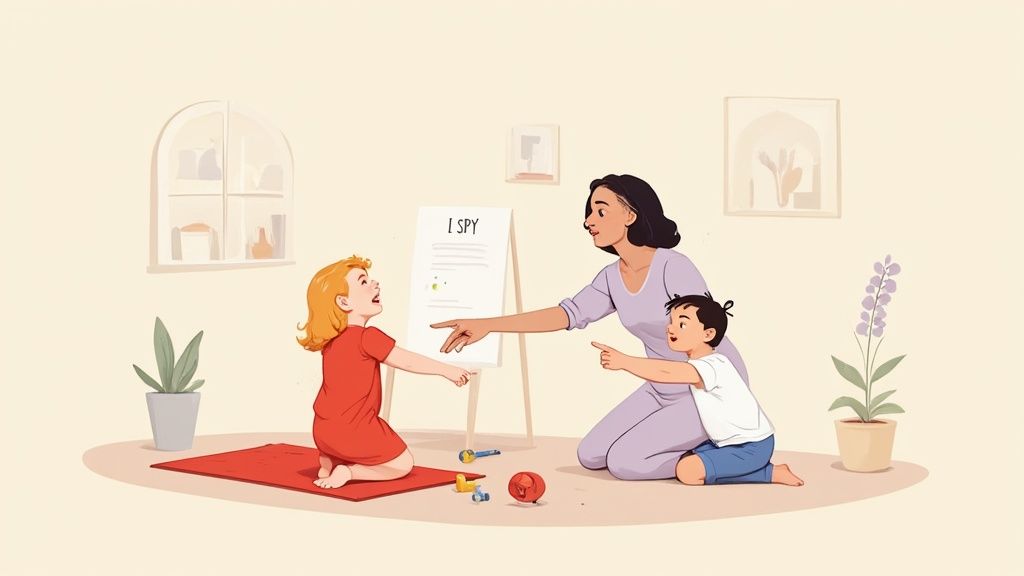 A woman engages two toddlers in an "I SPY" game, fostering speech and interaction.