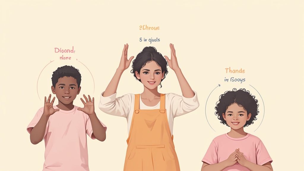 Three diverse individuals, two children and one adult, demonstrate different hand gestures for learning or counting.