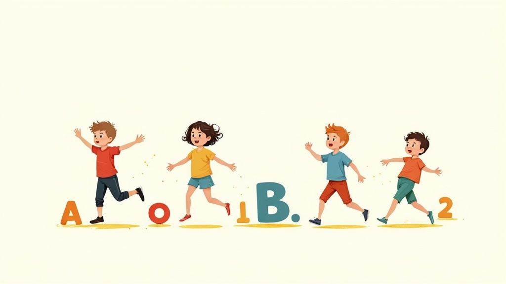 Four young children running and playing with giant letters and numbers on a light background.