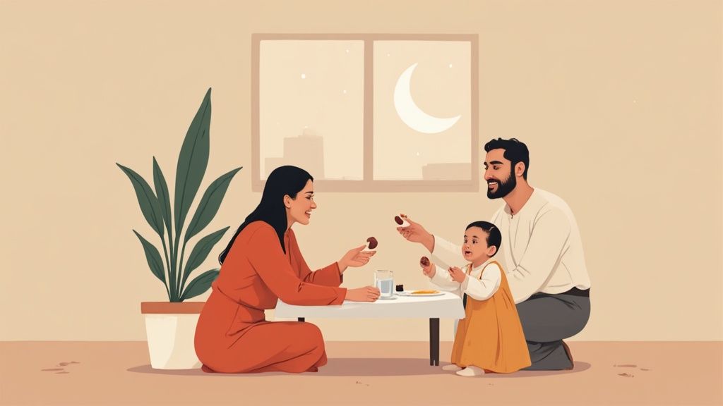 A happy family, parents and child, sharing dates and water to break their fast at night.