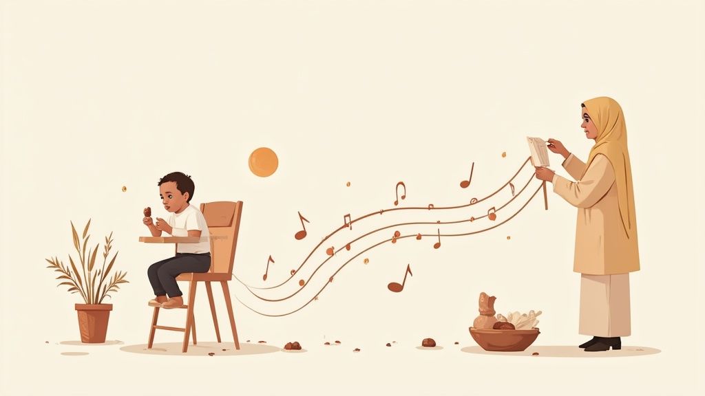 A Muslim woman recites with musical notes flowing towards a boy eating a treat.