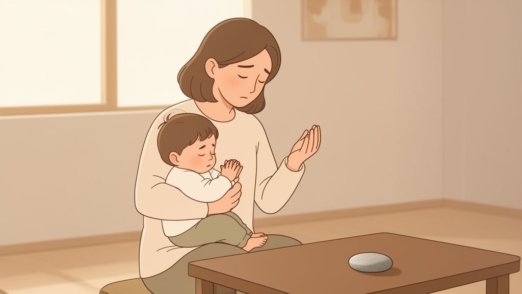 An animated mother holding her baby, both with closed eyes and hands in a prayer gesture. A stone sits on a table.