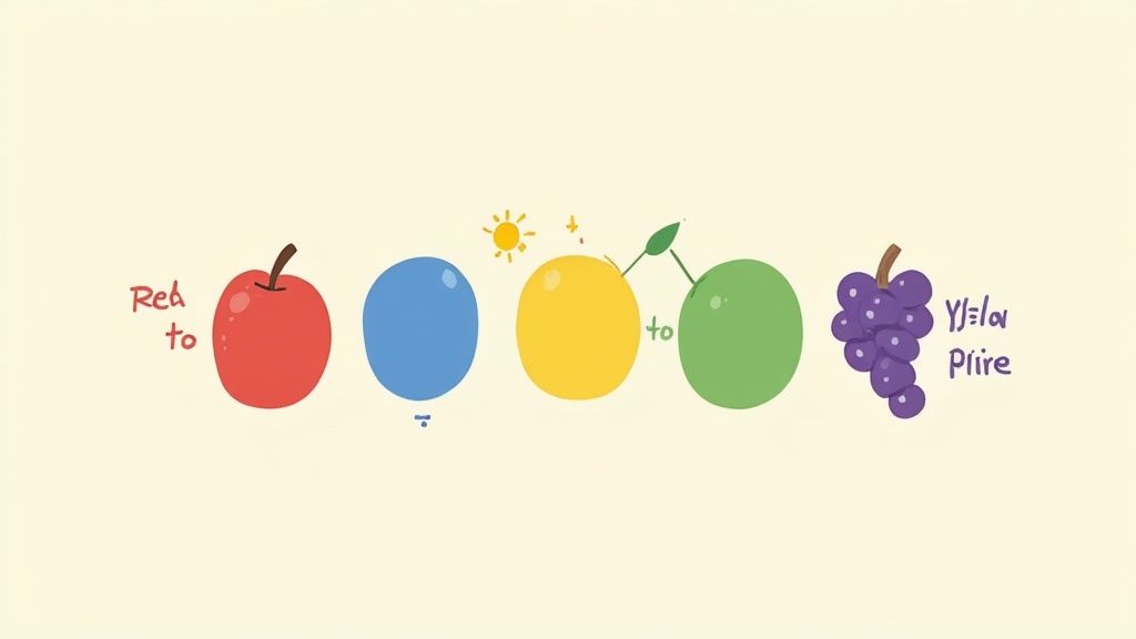 A whimsical illustration showing a red apple, blue fruit, yellow fruit, green fruit, and purple grapes with text.