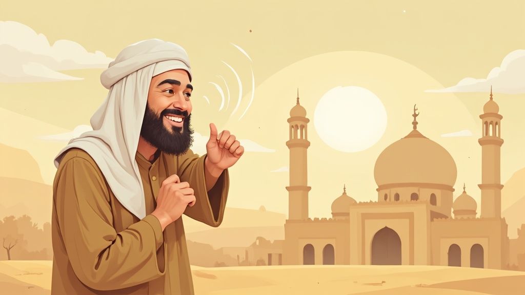 A smiling bearded man in a turban gives a thumbs-up with a mosque in the desert background.