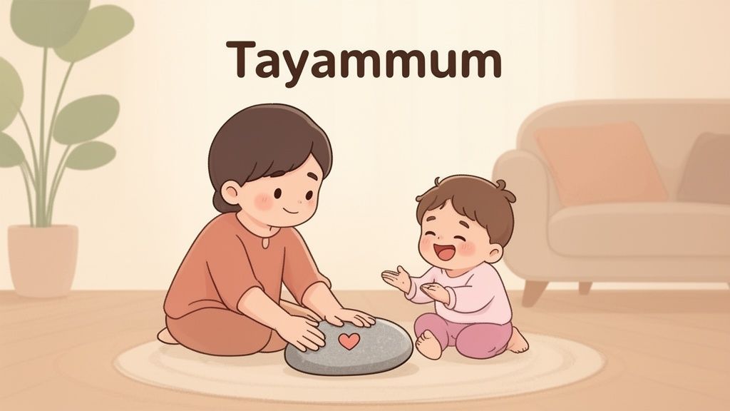A cartoon illustration of an adult and a happy child learning Tayammum with a stone.