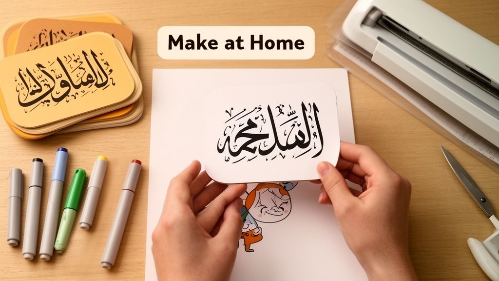 Hands hold an Arabic calligraphy flashcard over a drawing, surrounded by colorful markers, a laminator, and other DIY cards.