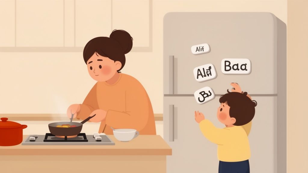 A mother cooks in the kitchen while her young child plays with Arabic alphabet magnets on the refrigerator.