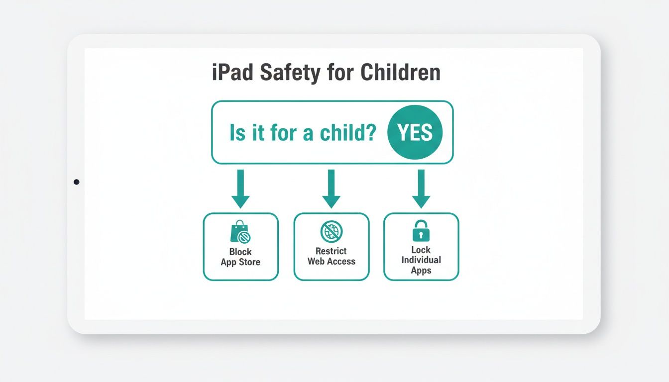 Flowchart detailing iPad safety for children, illustrating steps to block App Store, restrict web, and lock apps.