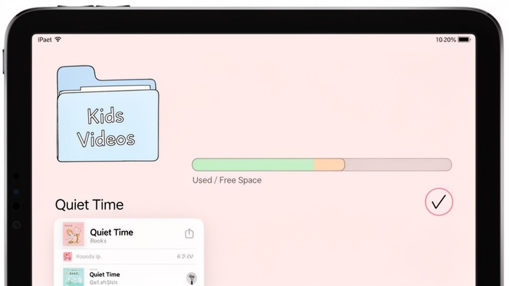 iPad screen displaying 'Kids Videos' folder, a storage bar showing used/free space, and a list of 'Quiet Time' content.