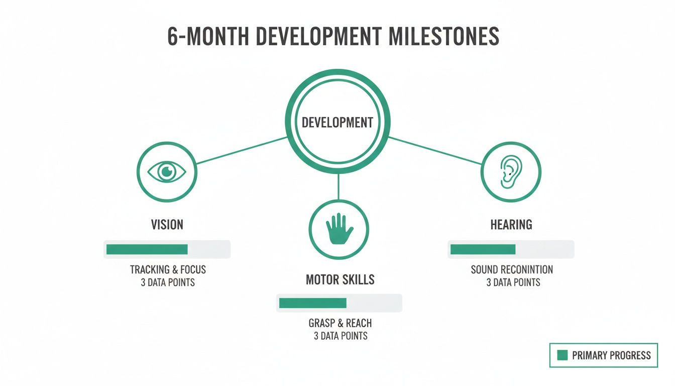 Infographic showing 6-month baby development milestones for vision, motor skills, and hearing, with progress bars.