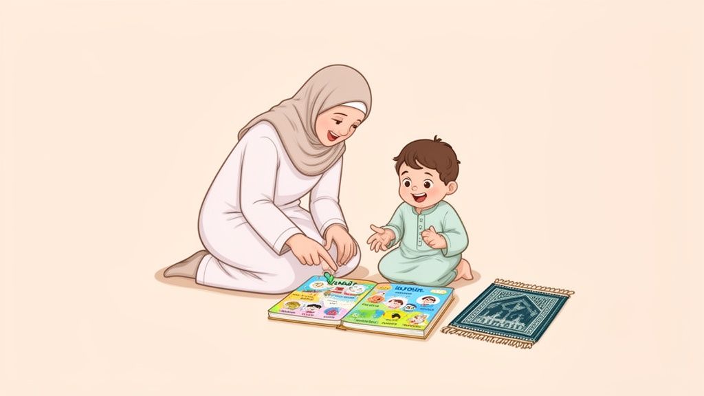 A happy Muslim mother and child learning together from a colorful book on the floor.