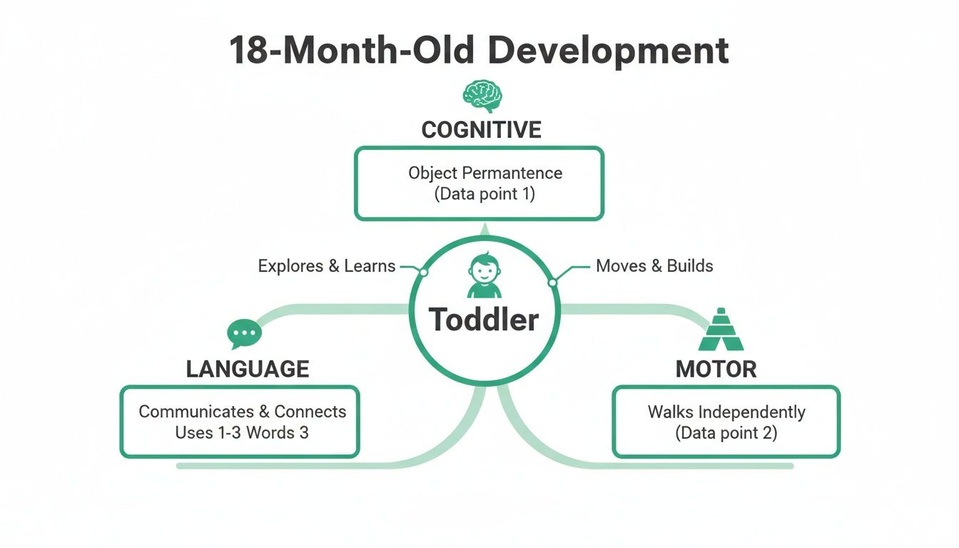 A mind map illustrating 18-month-old developmental milestones in cognitive, language, and motor skills.