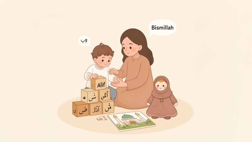 A Muslim mother and child playing with Arabic letter blocks and a mosque puzzle.