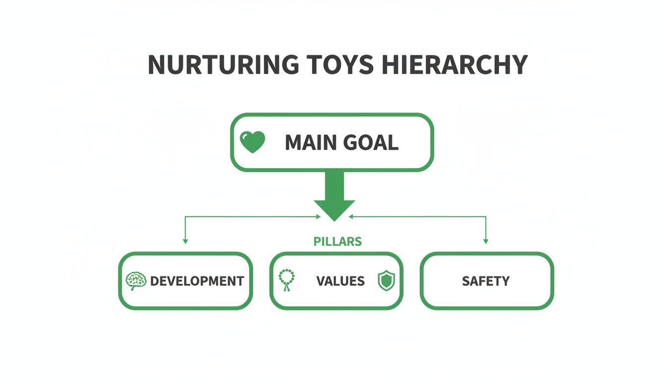 A diagram illustrating the Nurturing Toys Hierarchy, with Main Goal leading to Pillars: Development, Values, and Safety.