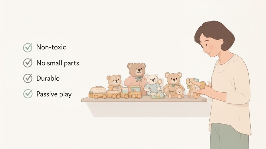 A woman examines non-toxic, durable wooden toys and teddy bears on a shelf, next to a list of toy safety features.