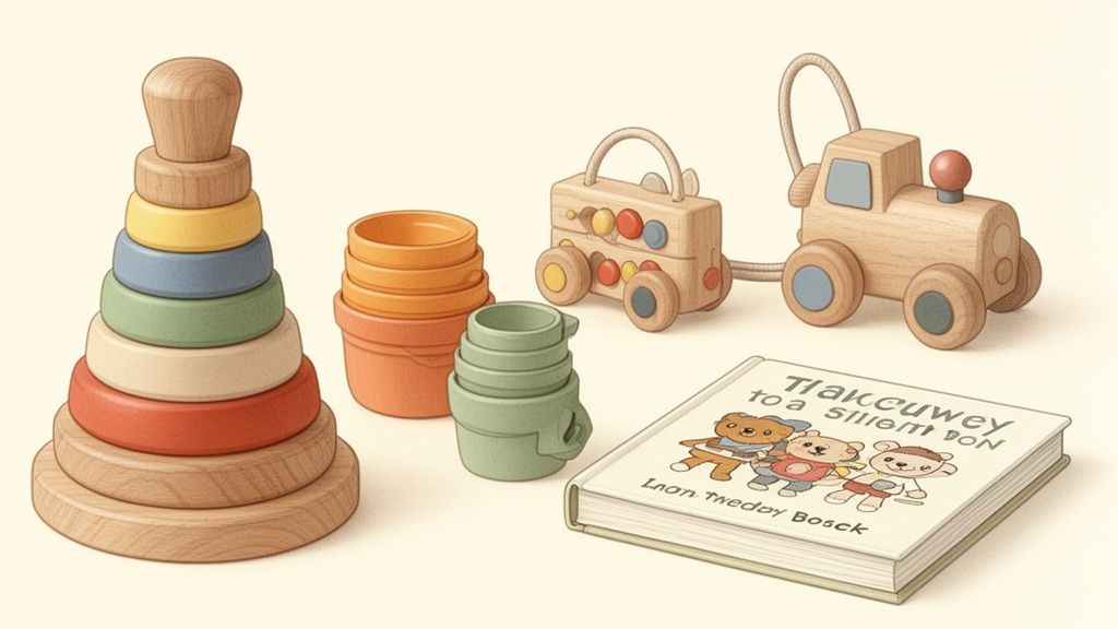Colorful wooden and plastic baby toys, including a stacking toy, nesting cups, pull toys, and a book.