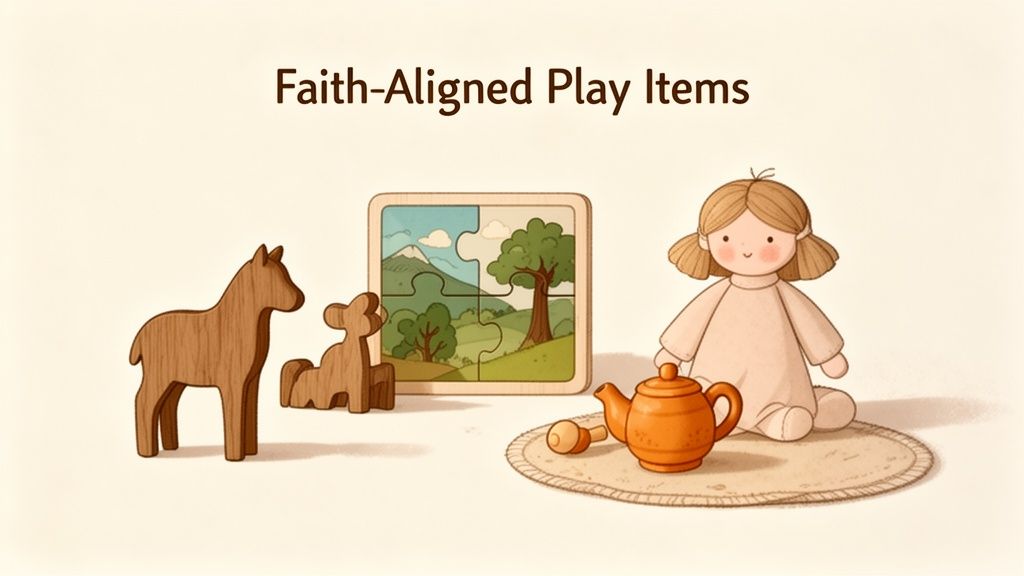An illustration of wooden animals, a nature puzzle, a soft doll, and a teapot, representing faith-aligned play items.