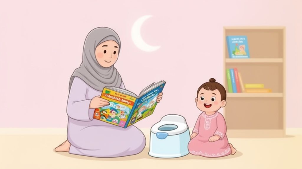 A woman in hijab reads a colorful book to a smiling toddler next to a potty.
