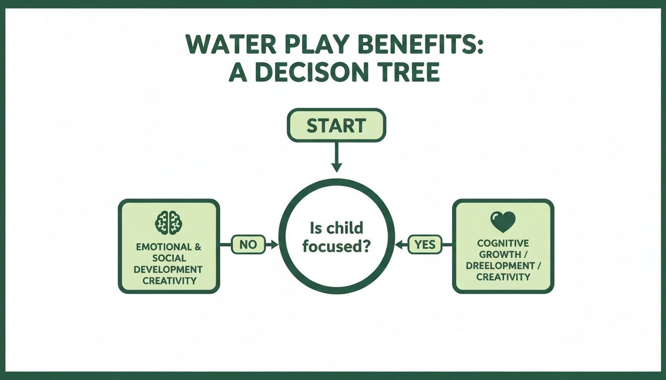 Decision tree diagram illustrating water play benefits based on a child's focus, linking to development.
