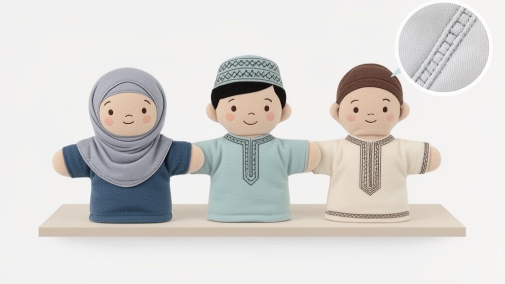 Three diverse fabric hand puppets, two boys and one girl, on a white shelf.