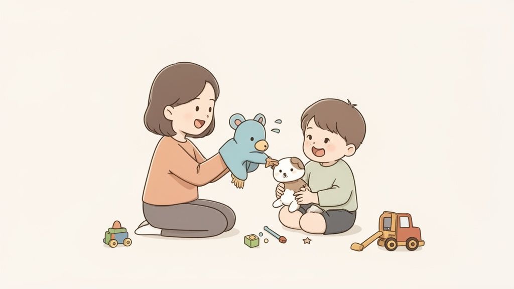 A smiling woman and child play together on the floor with hand puppets and small toys.