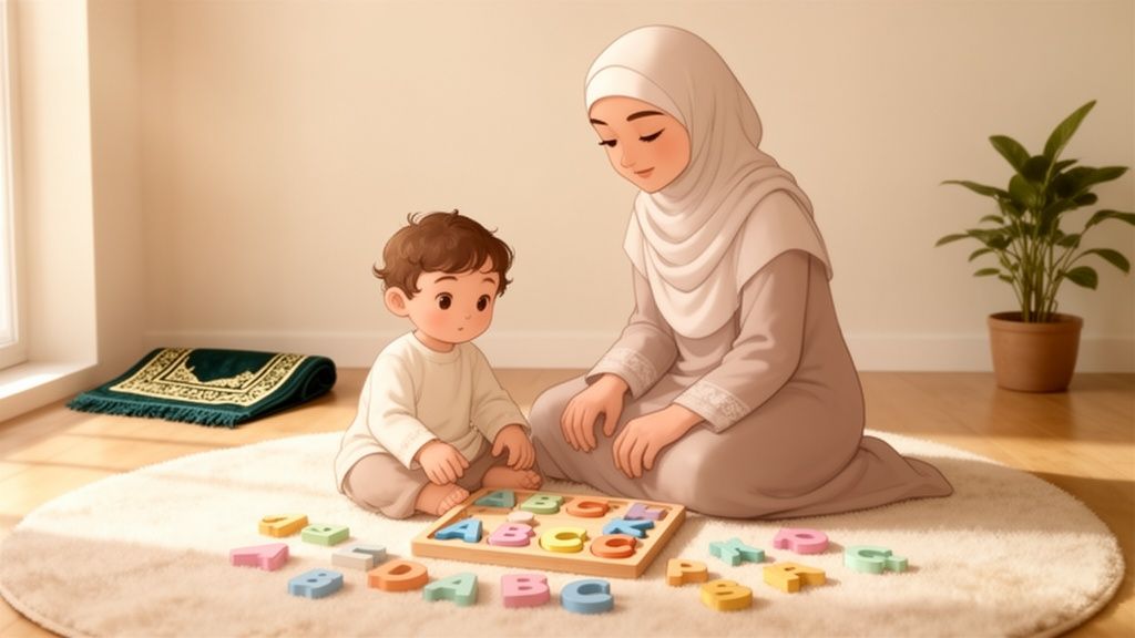 A Muslim mother and child playing with a colorful ABC wooden puzzle on a rug.