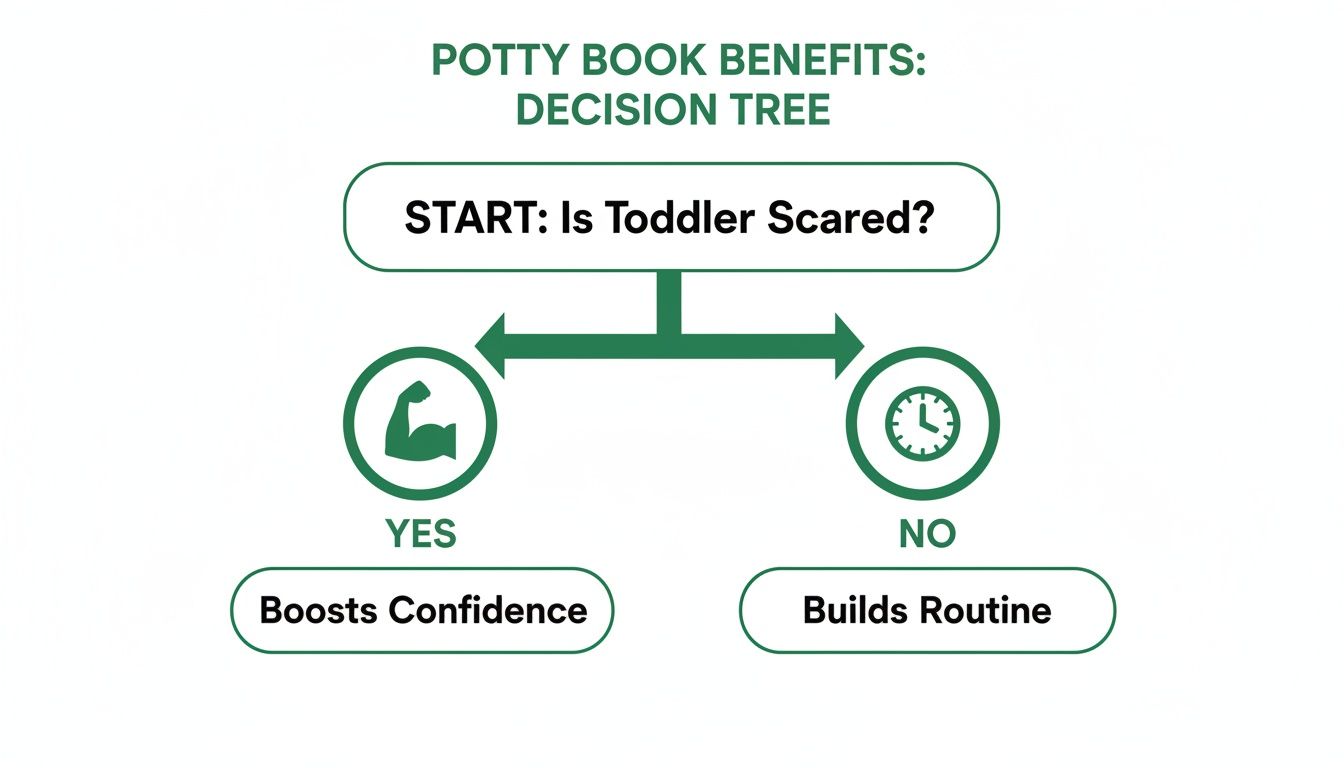 A decision tree illustrating potty book benefits: if a toddler is scared, it boosts confidence; if not, it builds routine.